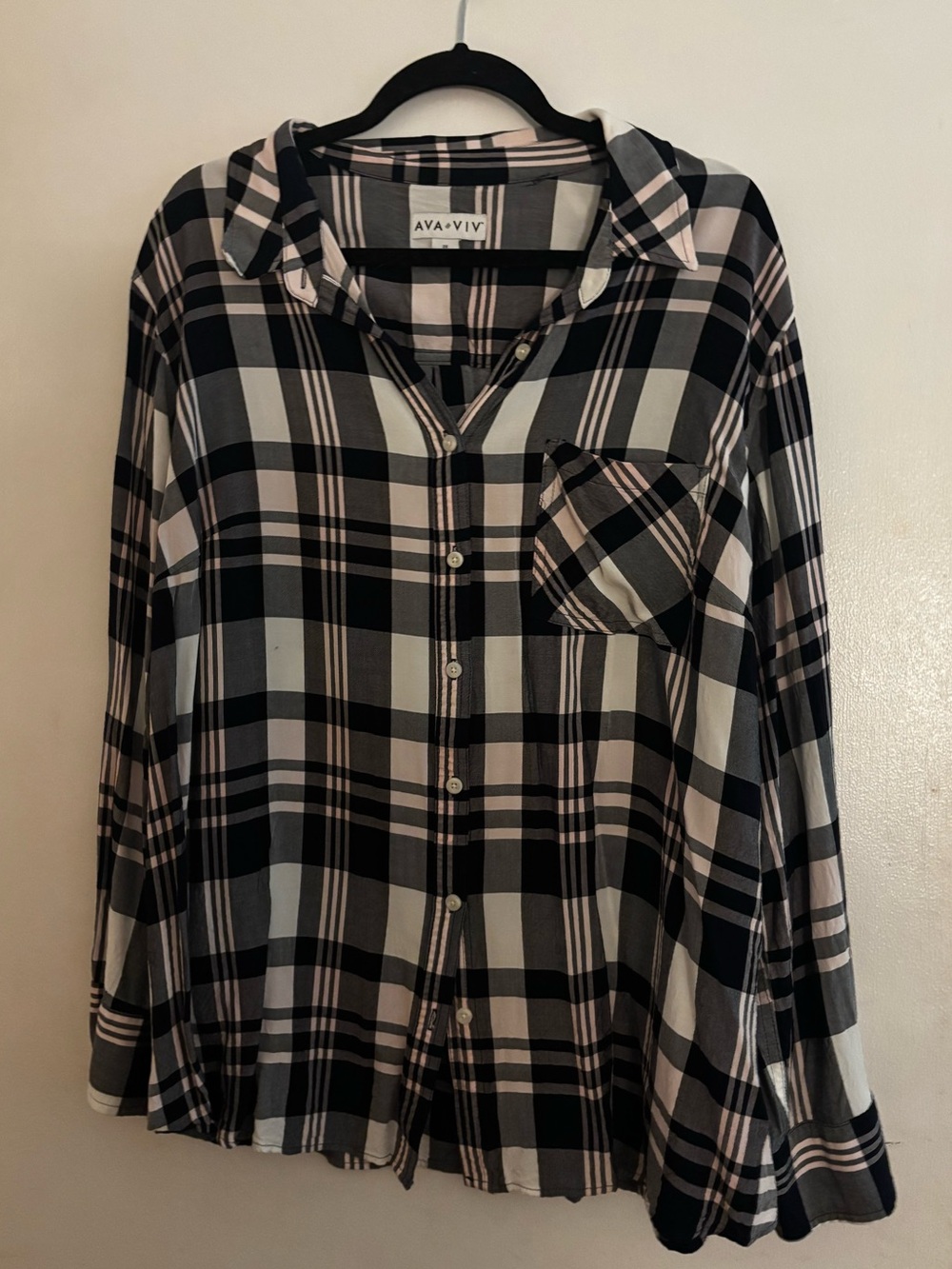 Ava & Viv Black, White & Pink Plaid Button-Down Shirt L/ Sleeves Shirt. size 3X.